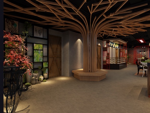  工业风火锅店 工业风餐厅3d模型 