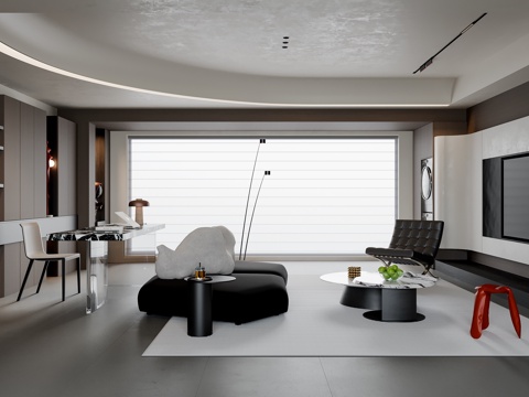 现代意式客厅 大平层 沙发茶几 书桌椅 电视背景墙 书柜su模型