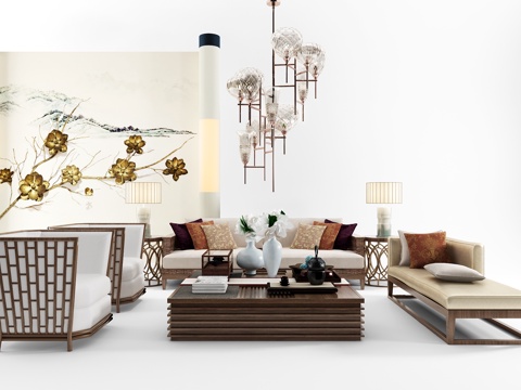  东南亚沙发茶几吊灯3d模型 