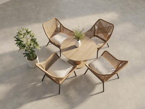 现代户外休闲桌椅 藤编休闲椅 户外休闲椅 实木茶几su模型