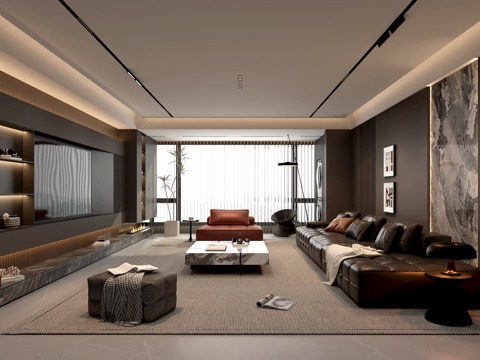  现代家居意式客厅 无主灯客厅  组合沙发茶几3d模型 