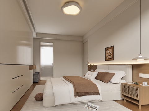  奶油风卧室主卧 原木风卧室主卧 中古风卧室主卧3d模型 