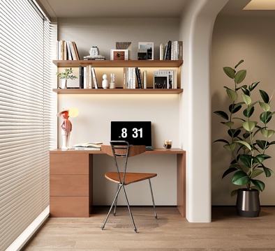  现代中古阳台书桌 书柜 书桌书柜一体柜3d模型 