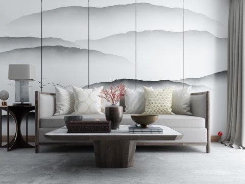  新中式沙发茶几背景墙组合3d模型 