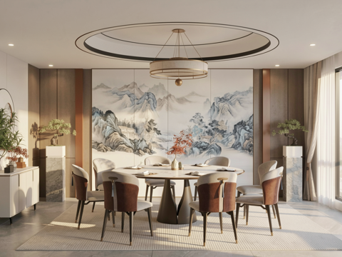 新中式包厢餐厅包房su模型