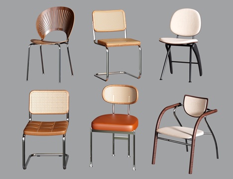  法式餐椅 中古不锈钢单椅 写字椅 藤编椅3d模型 