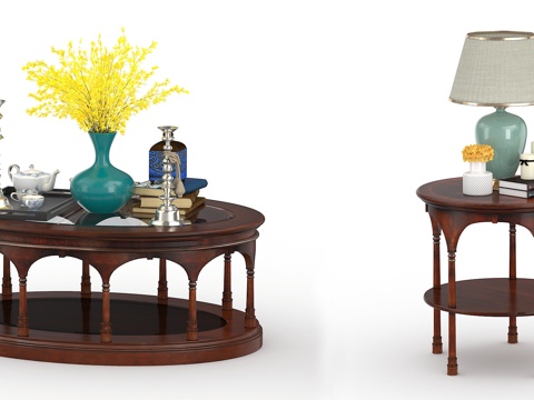  美式茶几 圆几 饰品组合3d模型 