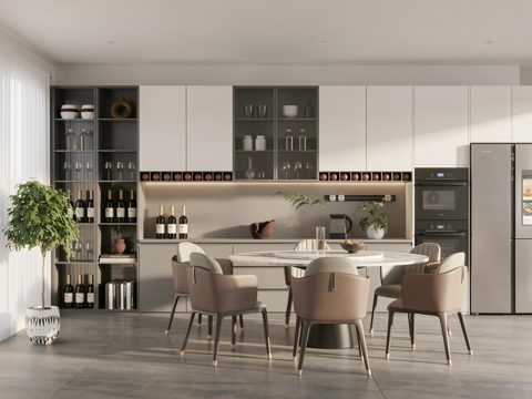 现代大理石餐桌椅组合_餐厅_圆形岩板餐桌_六人_皮革靠背餐椅su模型