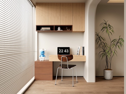 现代阳台书桌 书柜 书桌书柜一体柜su模型