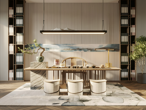 新中式实木茶桌椅茶室su模型