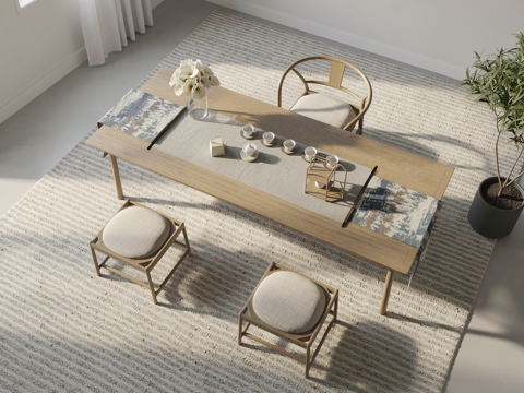 中式风格茶室_茶台桌椅_装饰摆件su模型