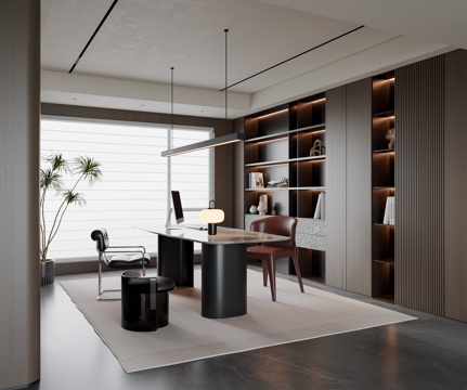 现代意式书房 书桌椅 吊灯 书柜 装饰柜 饰品摆件su模型