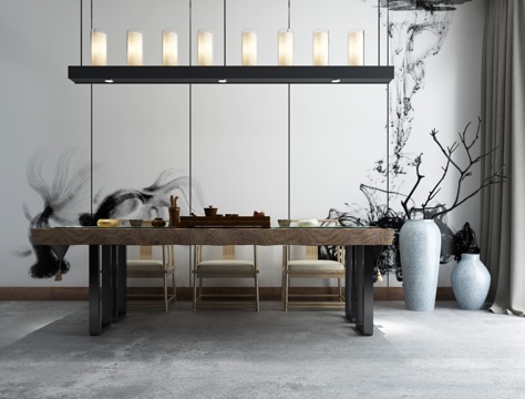  新中式茶室 茶桌椅 吊灯3d模型 