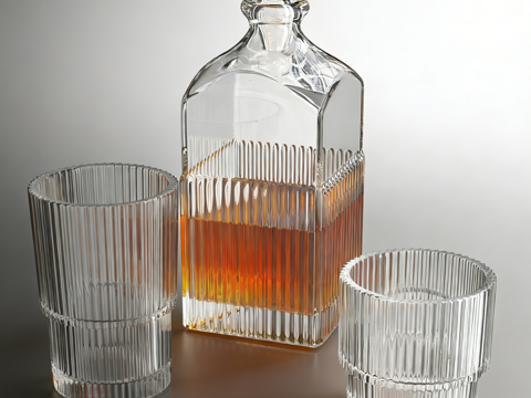 现代简约方形玻璃酒具 透明玻璃酒瓶酒杯 带液体酒水 威士忌酒su模型
