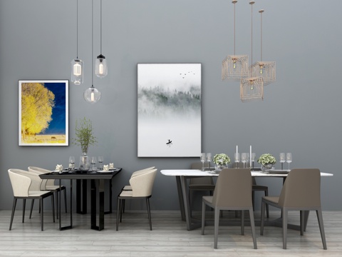  现代餐桌椅组合 餐桌 大理石 吊灯 挂画3d模型 