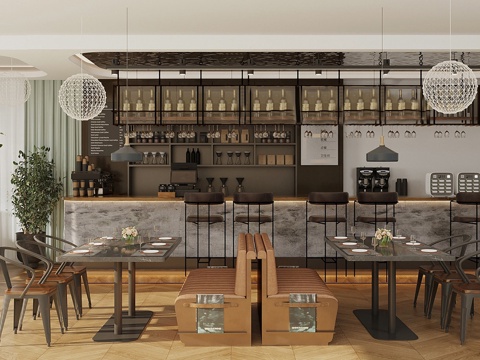 工业风咖啡厅 奶茶店 操作台工作台 咖啡桌椅 餐厅水吧台su模型