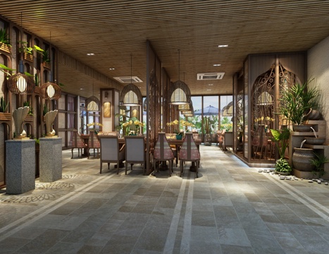  新中式餐厅 餐桌 餐椅 主题餐厅 饭店3d模型 