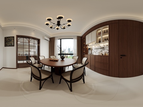  中古风客餐厅全景 客厅 餐厅 挂画 吊灯 装饰柜 