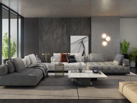  现代客厅布艺转角沙发 茶几 角几 绿植3d模型 