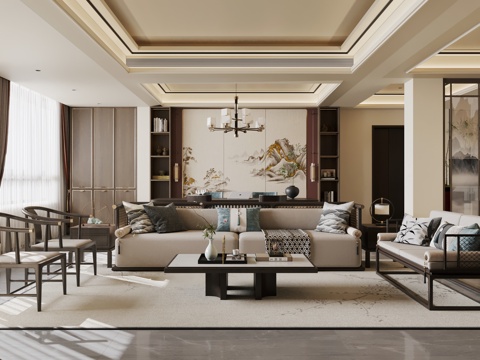  新中式客餐厅 宋式客餐厅 大平层 客餐厅一体3d模型 