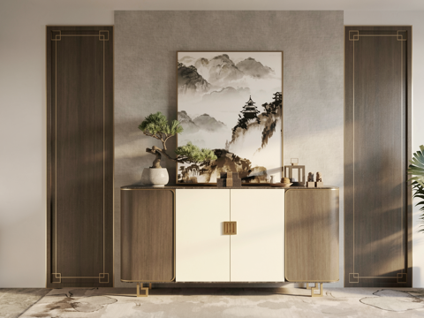 新中式端景条案端景台背景墙su模型