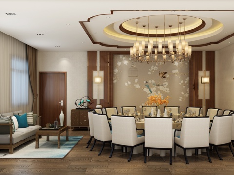  新中式豪华包间 餐桌椅 吊灯 沙发茶几3d模型 