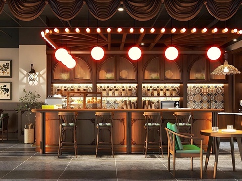 美式咖啡店 奶茶店 咖啡餐桌椅组合 咖啡操作台su模型