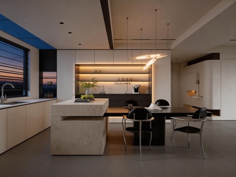 极简餐厅 吧台餐桌 餐边柜su模型