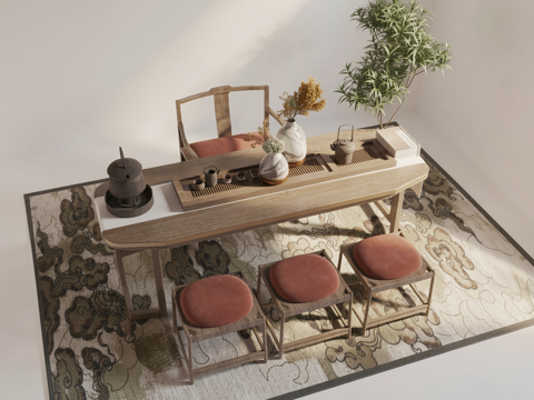 新中式茶桌椅su模型