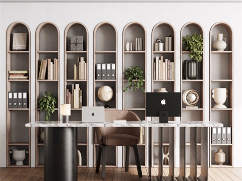  办公区木质装饰架配绿植3d模型 