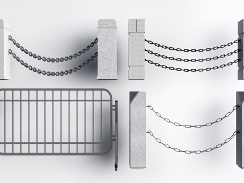  现代滨水护栏 铁索栏杆 石材护栏su模型 