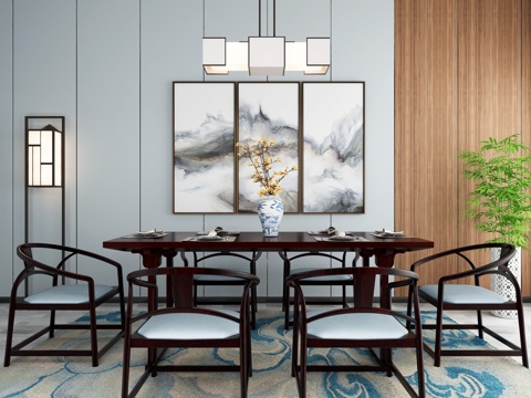  新中式餐桌椅吊灯装饰画组合3d模型 