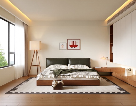  现代中古风家居卧室 双人床 飘窗卧室 主卧 挂画 单人椅3d模型 