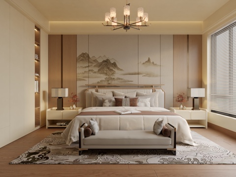 新中式卧室3d模型 