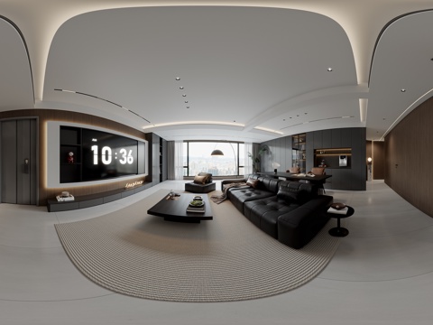  意式客餐厅全景 客厅 餐厅 挂画 吊灯 装饰柜 