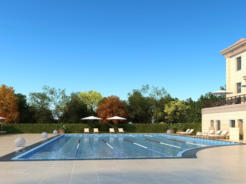  欧式简约别墅小区游泳池3d模型 