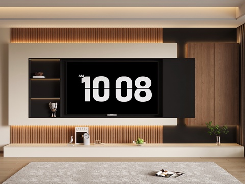 意式电视背景墙 开放格电视柜一体 收纳储物电视柜 木格栅电视su模型