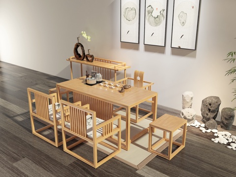  新中式茶室 原木茶桌椅 功夫茶具组合3d模型 