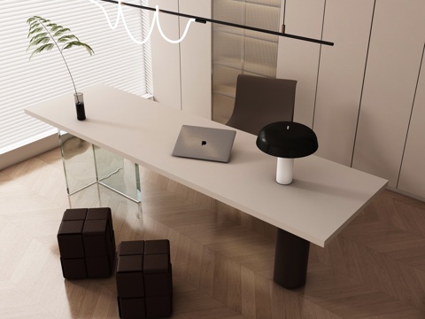 现代书房 书桌椅  办公桌椅 摆件组合 书柜su模型