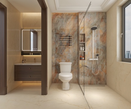  美式卫生间 浴室柜 淋浴房 暗装花洒 马桶 干区卫生间3d模型 