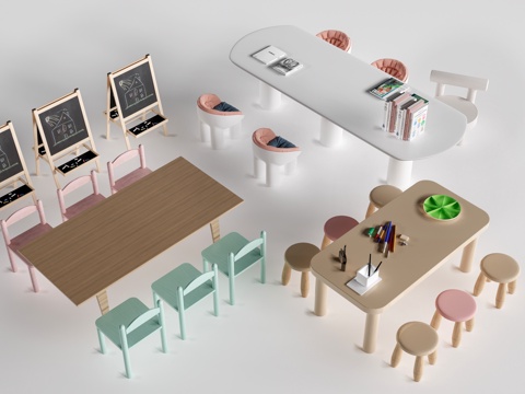 现代儿童手工桌椅 幼儿园桌椅 卡通桌椅su模型