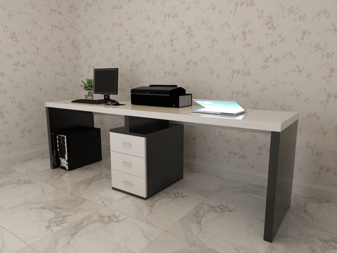  王磊健电脑桌 黑白墙纸 电脑 打印机 笔记本3d模型 