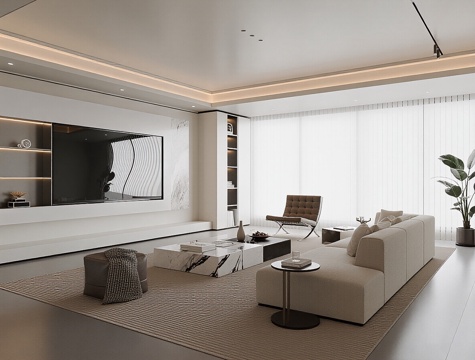  现代简约家居客厅 沙发茶几组合 电视墙 单人椅 休闲椅 盆栽3d模型 