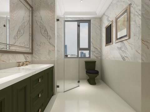  美式卫生间 浴室柜 砖石淋浴房 暗装花洒 马桶壁龛3d模型 