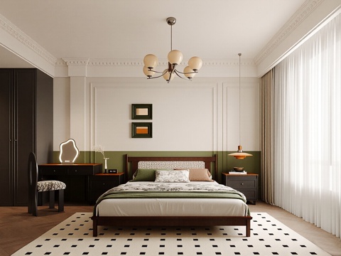  法式中古风家居卧室 双人床 飘窗卧室 主卧 挂画 单人椅3d模型 