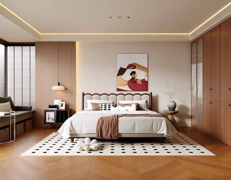  现代中古风家居卧室 双人床 飘窗卧室 主卧 挂画 单人椅3d模型 