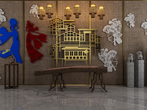 新中式背景墙 皮影戏墙饰 吊灯 古筝 石狮子 落地摆件3d模型 