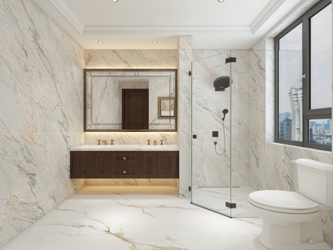  美式卫生间 浴室柜 砖石淋浴房 暗装花洒 马桶壁龛3d模型 