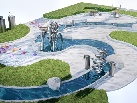 现代儿童水车 儿童戏水池 无动力游乐设施su模型