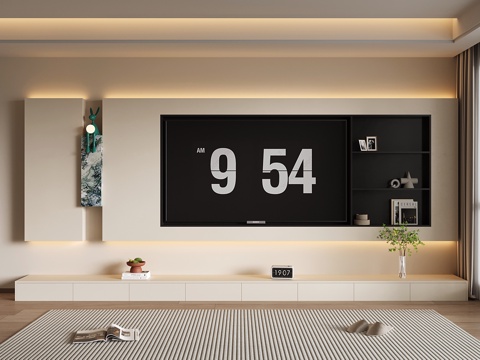 奶油风电视背景墙 现代开放格电视背景墙 落地电视柜su模型